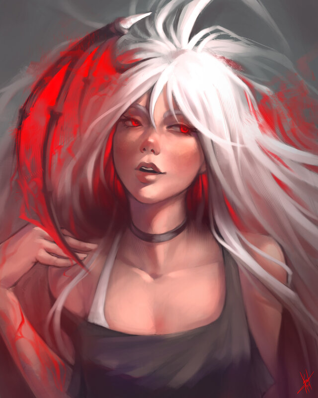 Woman with White Hair — Dramatic, Digital Art, Red Eyes, Choker