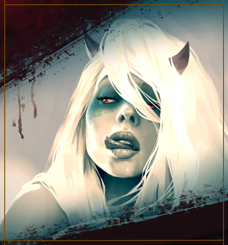 Woman with White Hair — Dramatic, Digital Art, Red Eyes, Horns