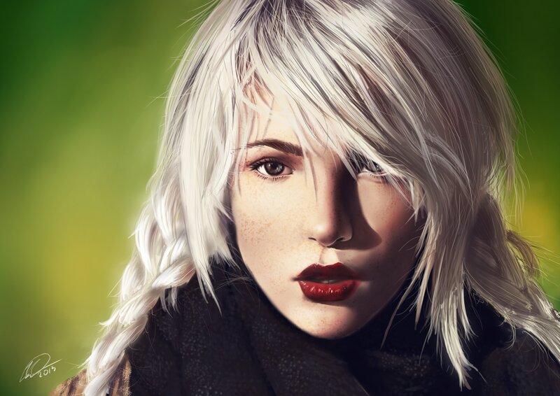 Woman with White Hair — Dramatic, Digital Art, Red Lips