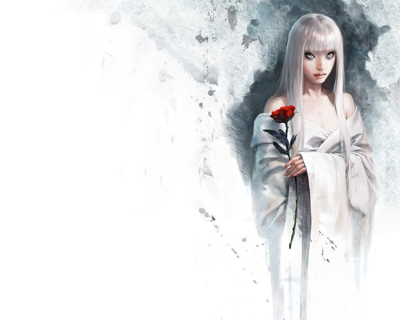 Woman with White Hair — Dramatic, Digital Art, Red Rose, White Robe