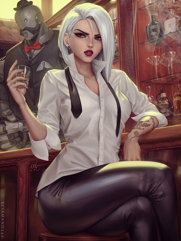 Woman with White Hair — Dramatic, Digital Art, Robot, Bar