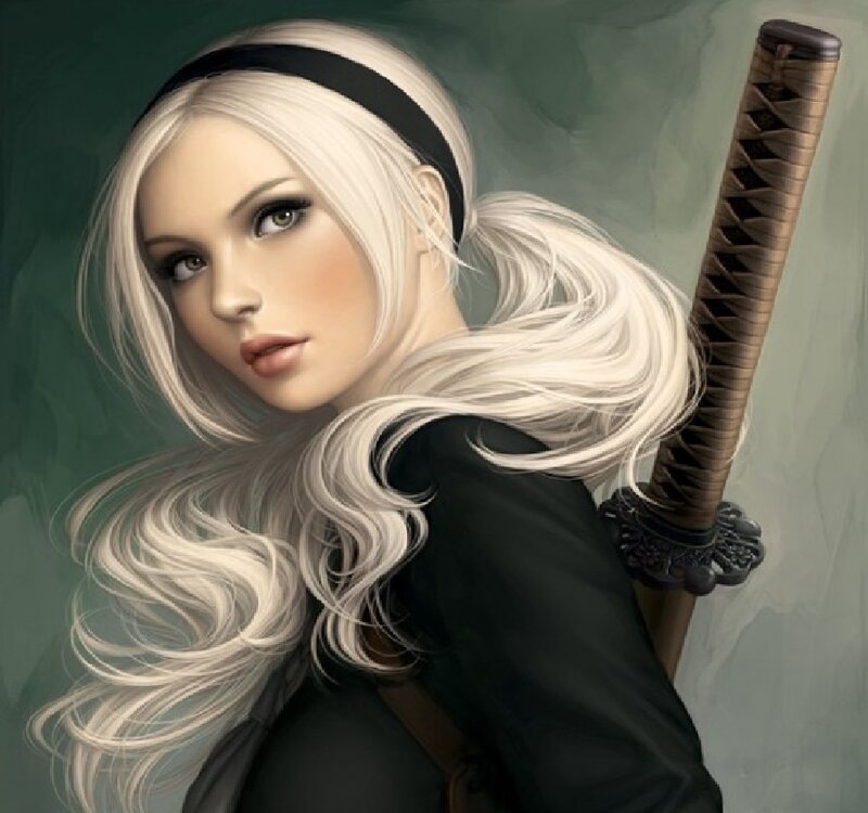 Woman with White Hair — Dramatic, Digital Art, Sword, Black Headband