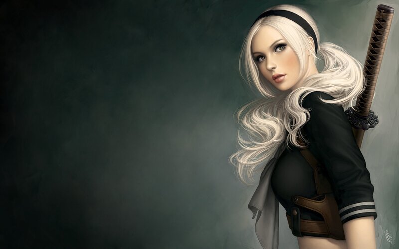 Woman with White Hair — Dramatic, Digital Art, Sword, Black Top, Headband