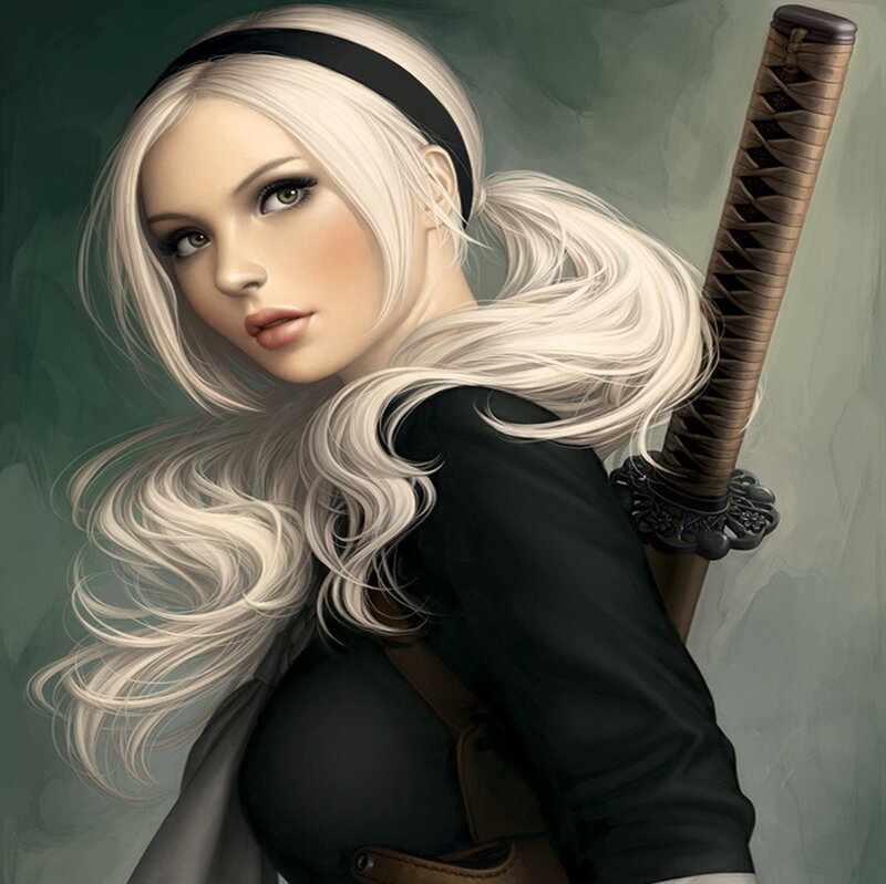 Woman with White Hair — Dramatic, Digital Art, Sword