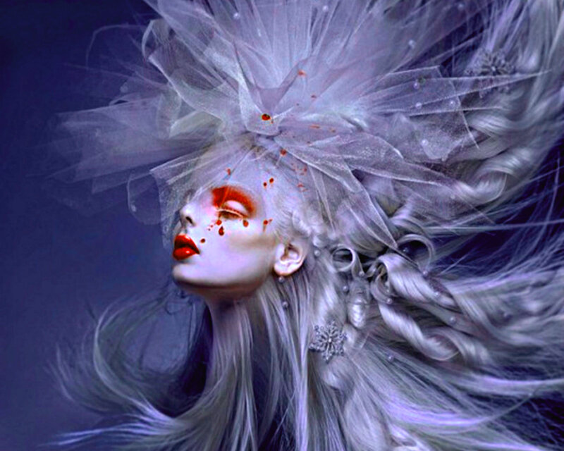 Woman with White Hair — Dramatic, Digital Art, Tulle Headpiece