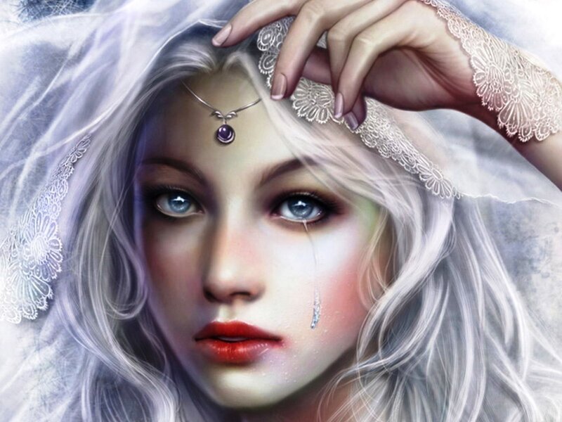 Woman with White Hair — Dramatic, Digital Art, Veil, Tear