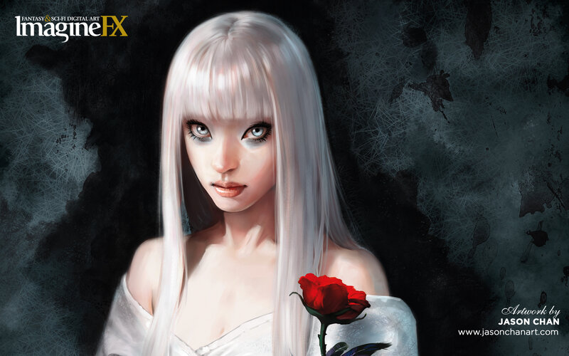 Woman with White Hair — Dramatic, Digital Art, White Dress