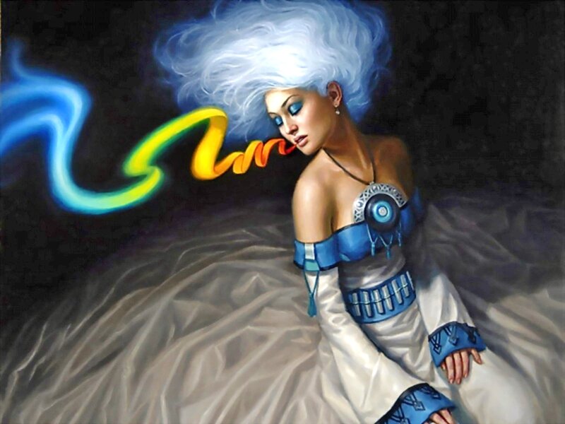 Woman with White Hair — Dramatic, Digital Art, White Hair, Blue Armor