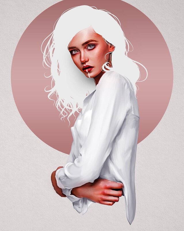 Woman with White Hair — Dramatic, Digital Art, White Shirt, Pink Circle