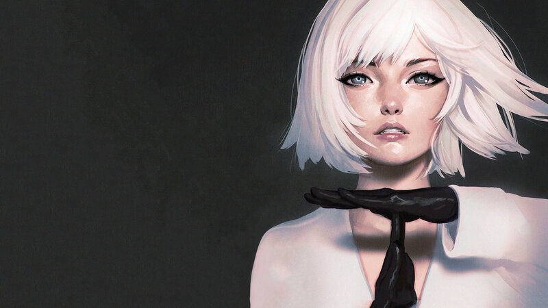 Woman with White Hair — Dramatic, Digital Art, White Shirt