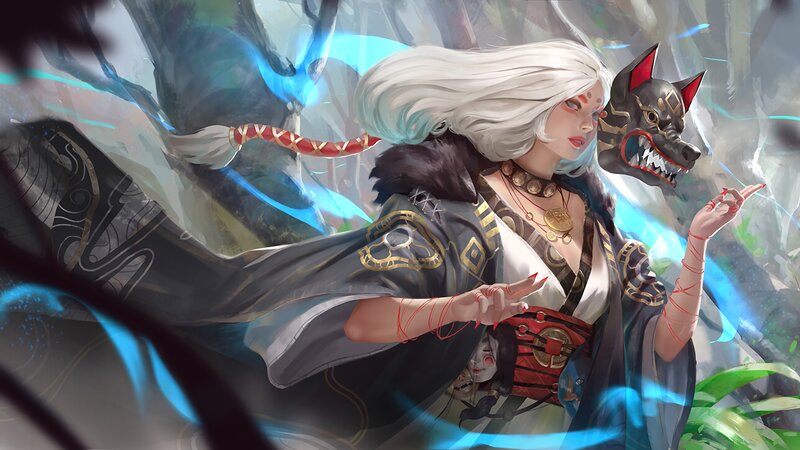 Woman with White Hair — Dramatic, Digital Art, Wolf Mask