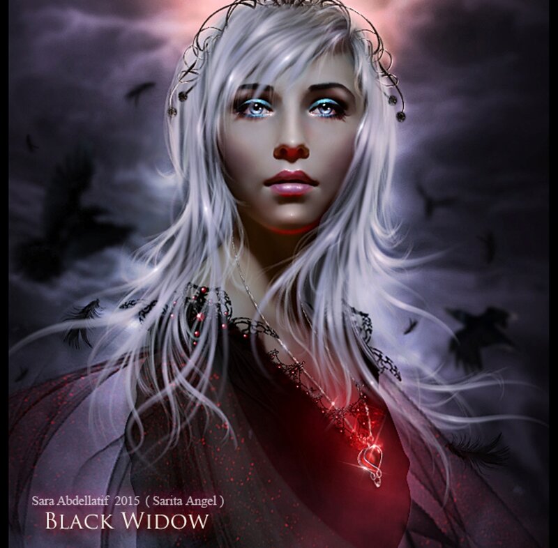 Woman with White Hair — Dramatic, Night, Digital Art, Crows