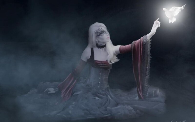 Woman with White Hair — Dramatic, Night, Digital Art, Dove, Mask