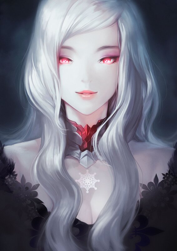 Woman with White Hair — Dramatic, Night, Digital Art, Red Eyes
