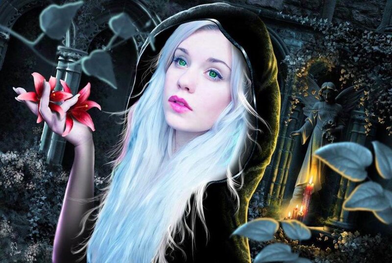 Woman with White Hair — Dramatic, Night, Digital Art, Red Flower
