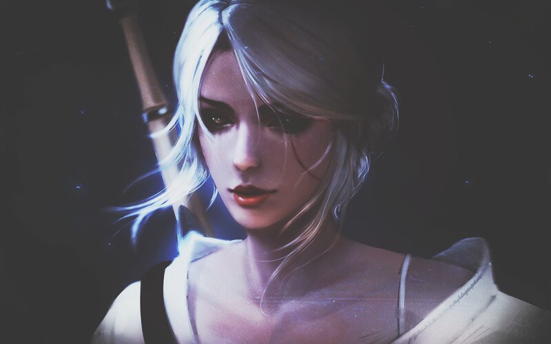 Woman with White Hair — Dramatic, Night, Digital Art, Sword, Dark Background