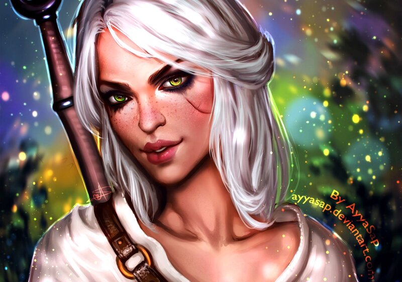 Woman with White Hair — Dramatic, Night, Digital Art, Sword, Green Eyes