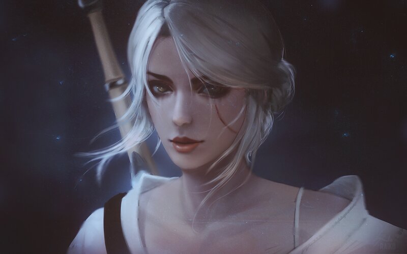 Woman with White Hair — Dramatic, Night, Digital Art, Sword, White Shirt