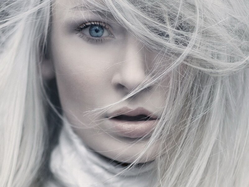 Woman with White Hair — Dramatic, Photograph, Blue Eyes