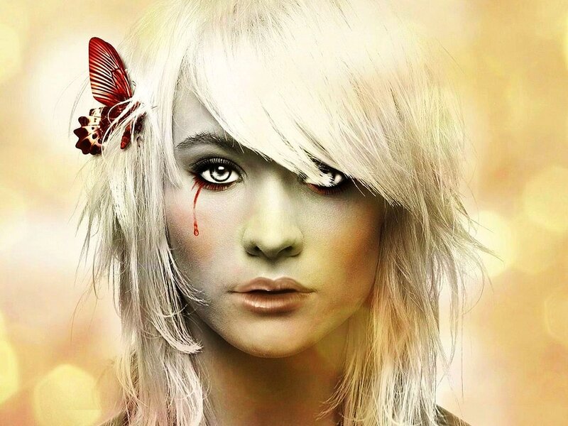 Woman with White Hair — Dramatic, Photograph, Butterfly, Blood Tear
