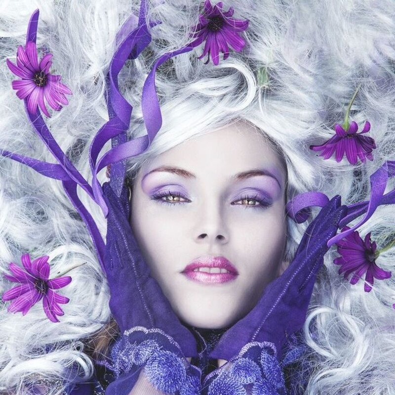 Woman with White Hair — Dramatic, Photograph, Purple Flowers
