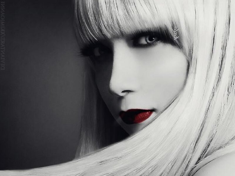 Woman with White Hair — Dramatic, Photograph, Red Lipstick, Bangs