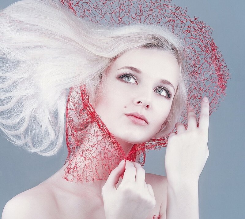 Woman with White Hair — Dramatic, Photograph, Red Net Veil