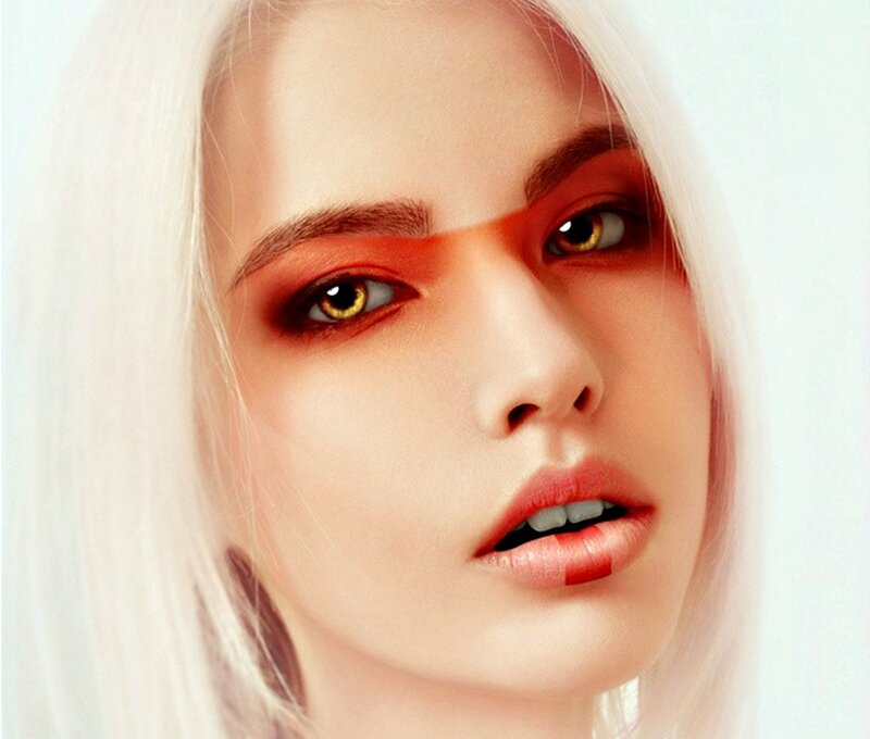Woman with White Hair — Dramatic, Photograph, White Hair, Red Makeup