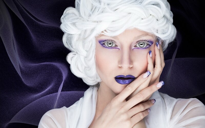 Woman with White Hair — Dramatic, Photograph, White Wig, Purple Makeup