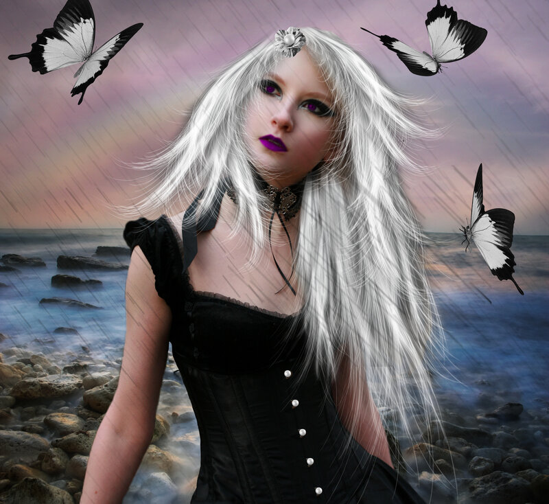 Woman with White Hair — Dramatic, Sunset, Digital Art, Butterflies