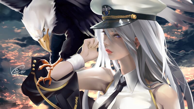 Woman with White Hair — Dramatic, Sunset, Digital Art, Eagle