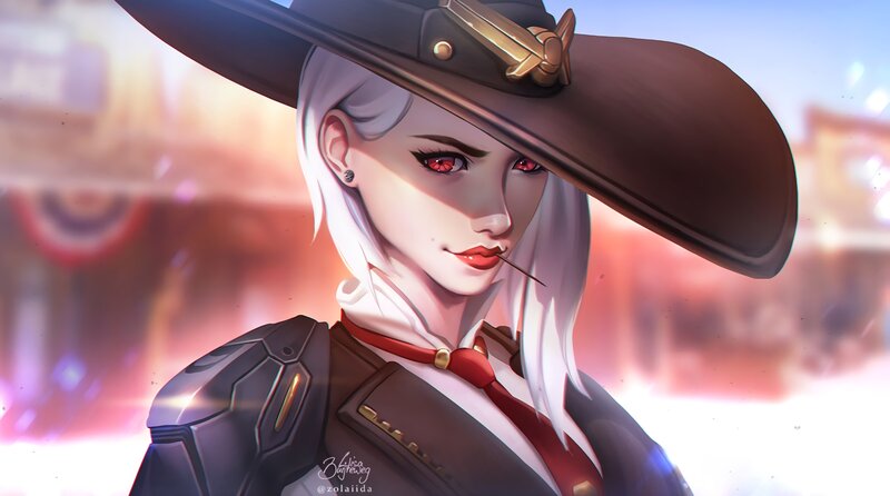 Woman with White Hair — Dramatic, Sunset, Digital Art, Hat