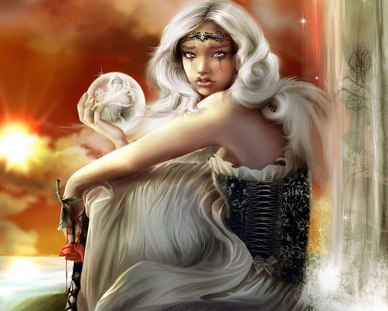 Woman with White Hair — Dramatic, Sunset, Digital Art