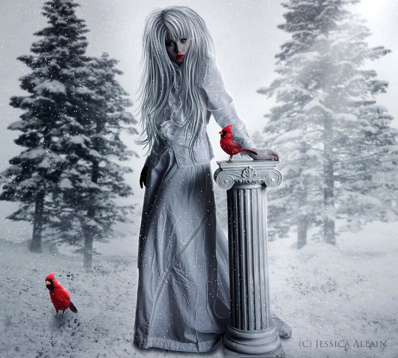 Woman with White Hair — Dramatic, Winter, Digital Art, Cardinal Birds, Snowy Forest