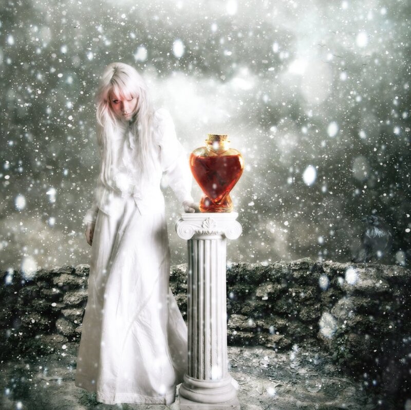 Woman with White Hair — Dramatic, Winter, Digital Art, Heart-shaped Bottle