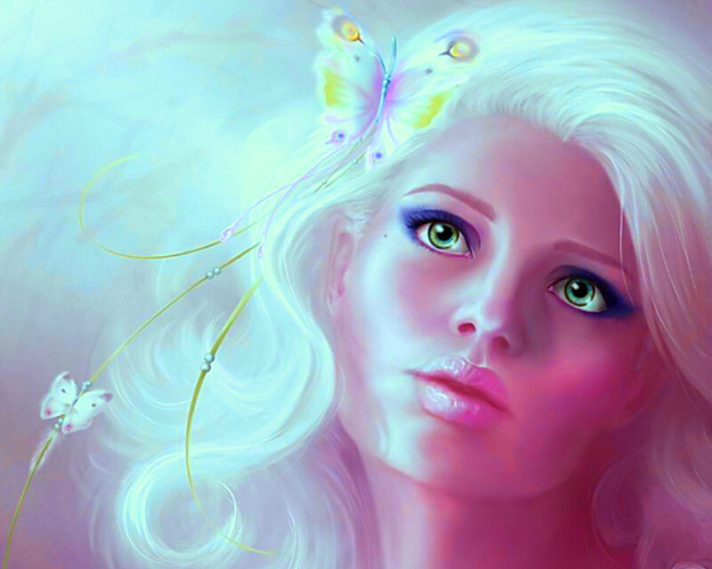 Woman with White Hair — Dreamy, Digital Art, Butterflies