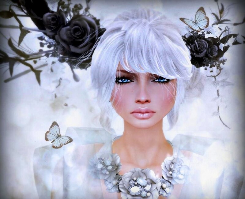 Woman with White Hair — Ethereal, Digital Art, Black Roses