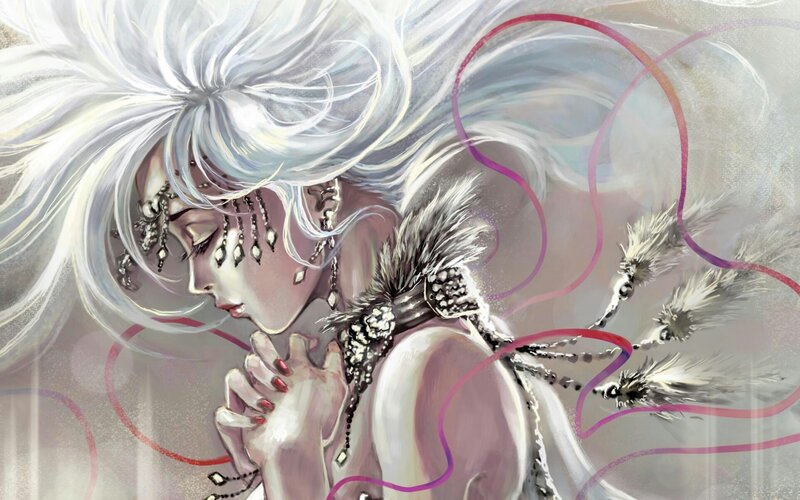 Woman with White Hair — Ethereal, Digital Art, Feathers