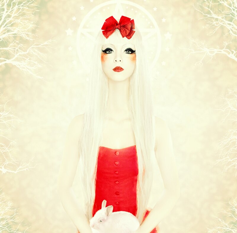 Woman with White Hair — Ethereal, Digital Art, Red Bow