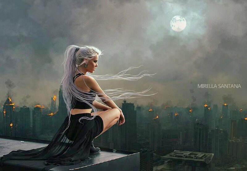 Woman with White Hair — Gray, Dramatic, Night, Digital Art, City