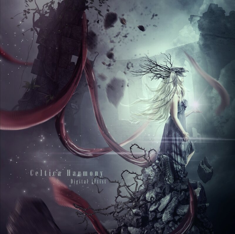 Woman with White Hair — Gray, Dramatic, Night, Digital Art, Ruins