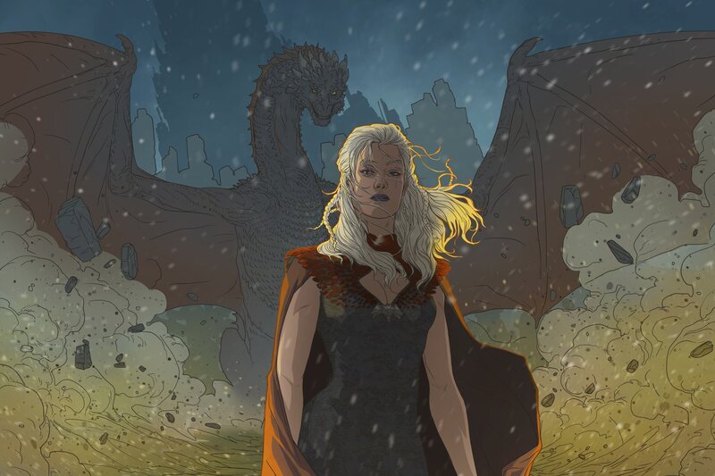 Woman with White Hair — Gray, Dramatic, Winter, Digital Art, Dragon