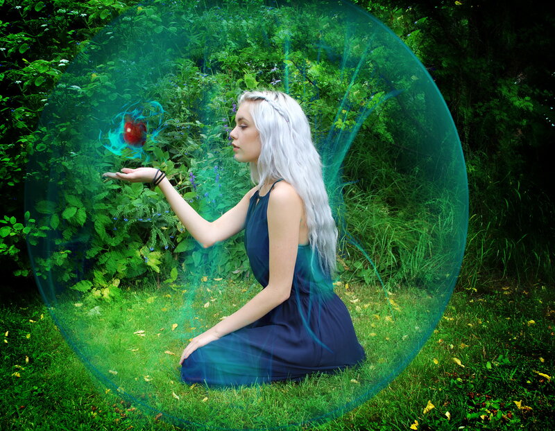 Woman with White Hair — Green, Serene, Afternoon
