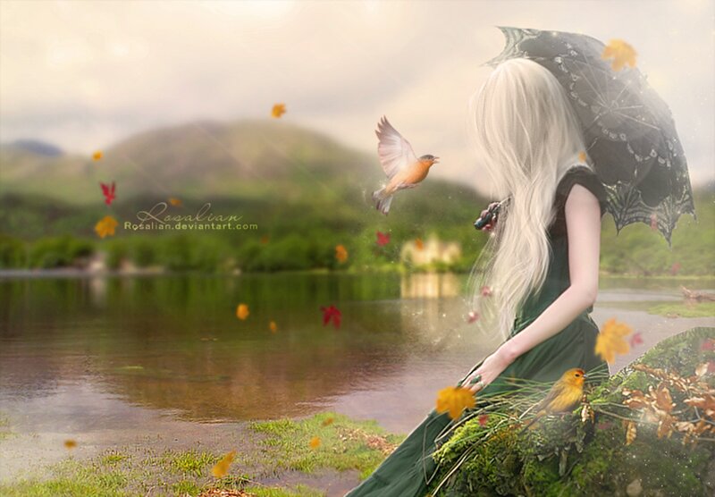 Woman with White Hair — Green, Serene, Autumn