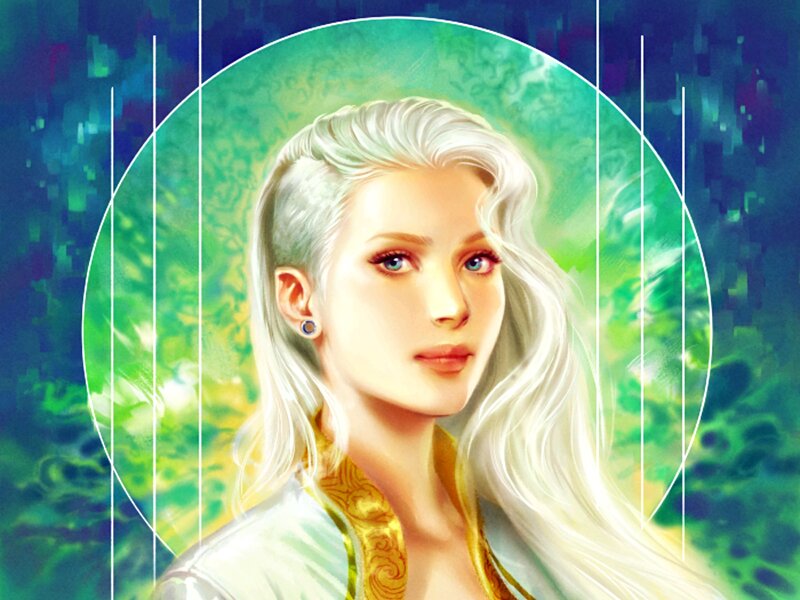 Woman with White Hair — Green, Serene, Digital Art, Earring