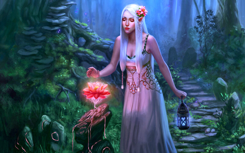 Woman with White Hair — Green, Serene, Night, Digital Art, Flower