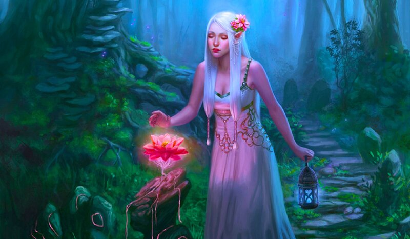 Woman with White Hair — Green, Serene, Night, Digital Art