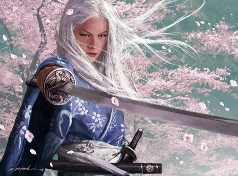 Woman with White Hair Holding Sword — Blue