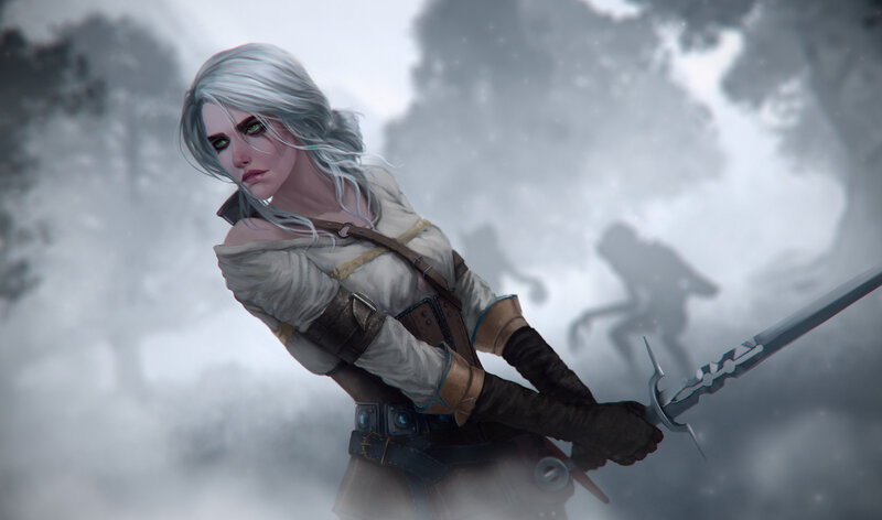 Woman with White Hair Holding Sword — Gray, Dramatic
