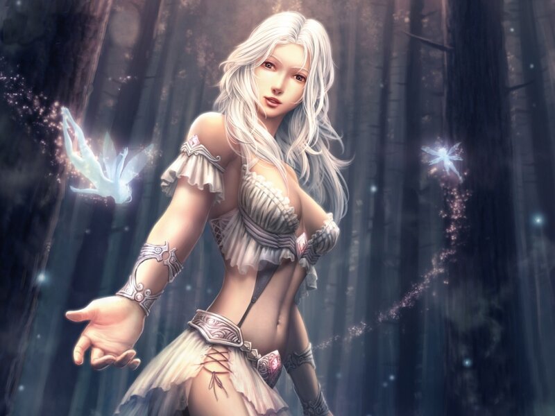 Woman with White Hair — Mystical, Night, Digital Art, Forest, Glowing Creatures